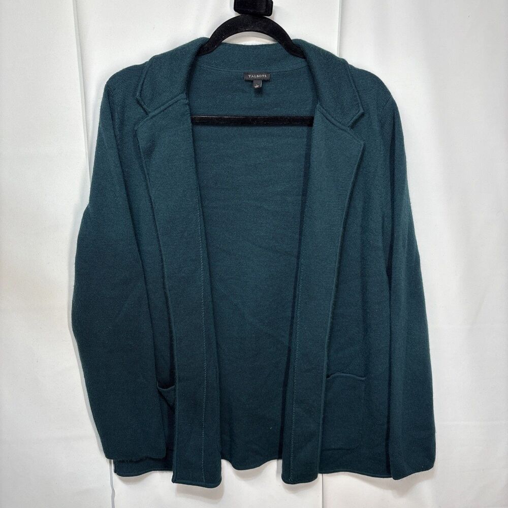 Talbots womens Cardigan Open Blazer forest Green Large wool Blend Pockets long L - Picture 3 of 9